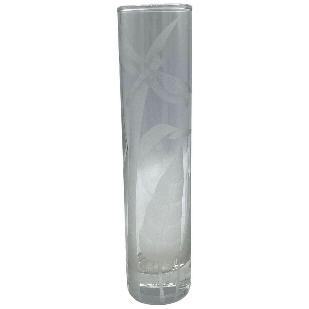 Clear Dragonfly Etched Glass Vase Skinny Cylinder Single Flower Bud 7.5” Tall